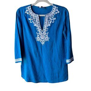Jones New York 100% Linen Blue Floral Embroidered Top RCoastal Womens Size Small
